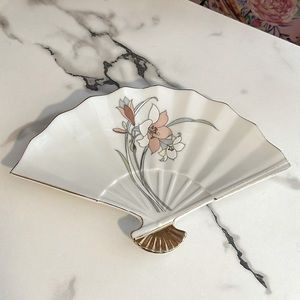 Yamaji Japan Vintage Porcelain Ceramic Fan W/ pink/white lilies